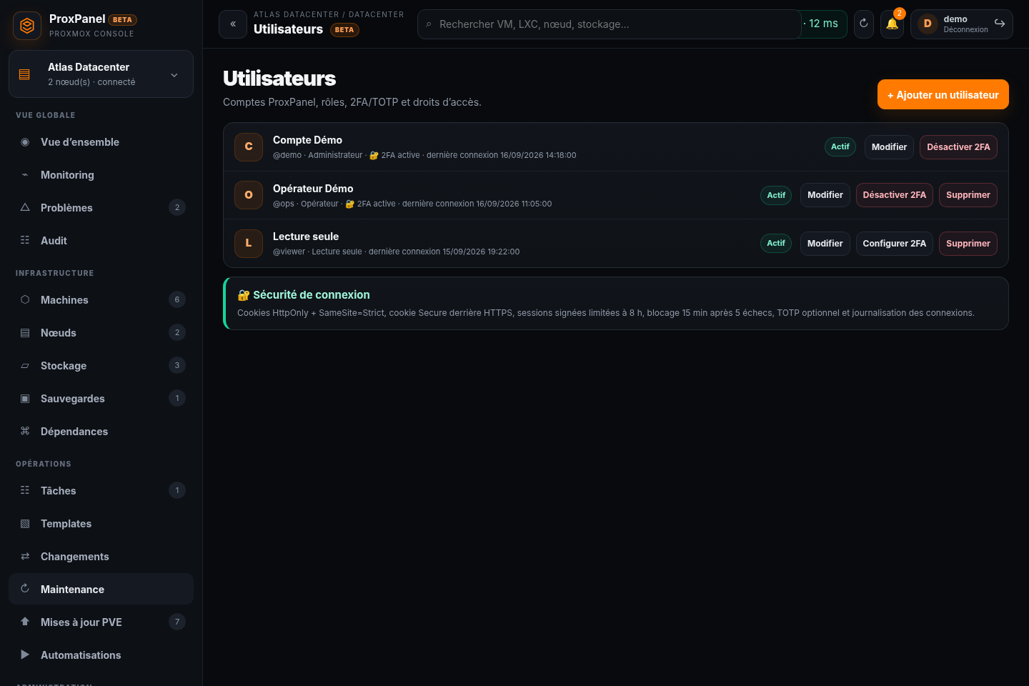 Utilisateurs ProxPanel